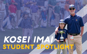 Kosei Imai and Matt Smith posing together with the Augusta Golf Trophy in Kosei's hands and a background of Kosei Imai at the tournament among other golfers.