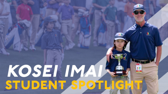 Kosei Imai and Matt Smith posing together with the Augusta Golf Trophy in Kosei's hands and a background of Kosei Imai at the tournament among other golfers.