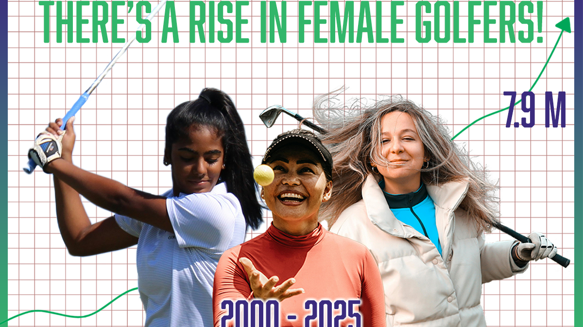There's a rise in female golfers! 3 golf ladies centered on the graph. One ready to swing a club, a lady in the middle tossing a golf ball, and on the right a lady with hair blowing around and a club on her shoulder. 7.9 m by an increasing arrow.