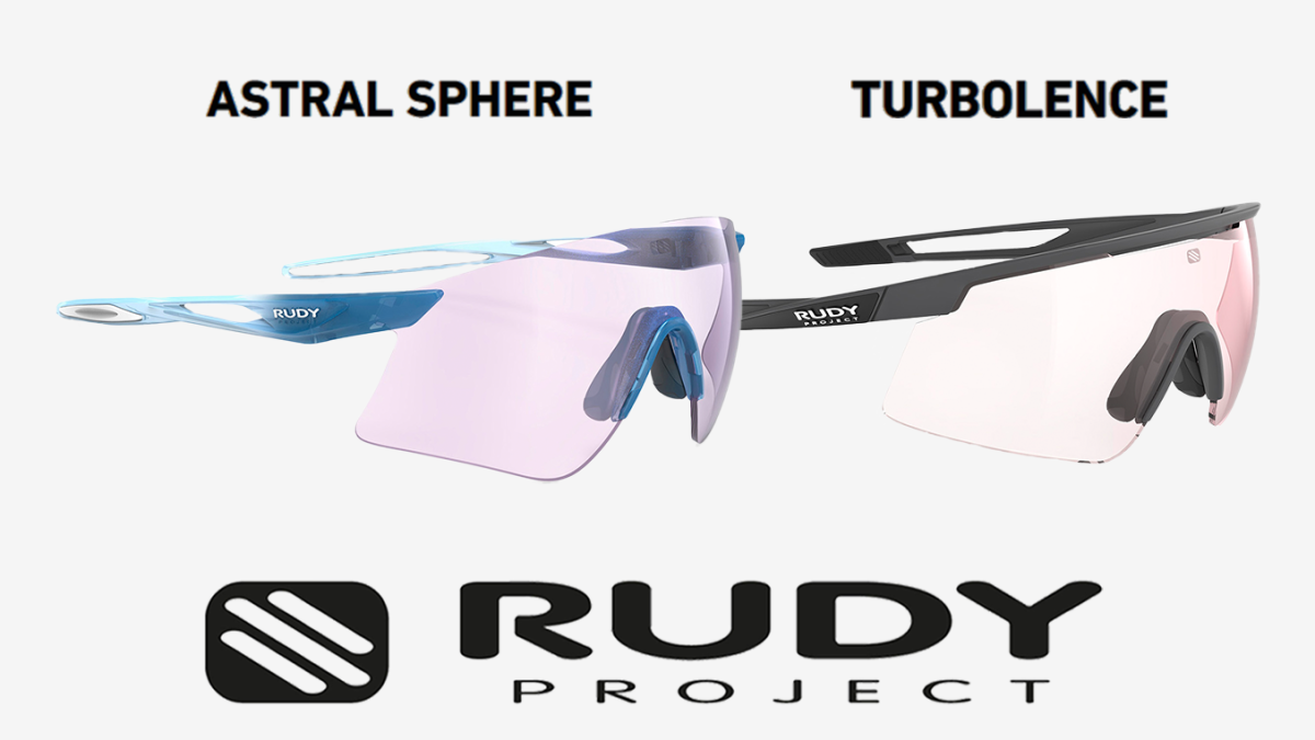 Rudy Project Glasswears angled to the right some. Astral Sphere eyewear on the left and Turbolence eyewear on the right with the Rudy Project logo on the bottom.