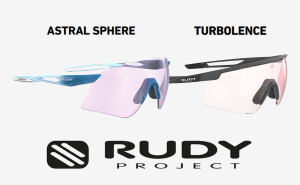 Rudy Project Glasswears angled to the right some. Astral Sphere eyewear on the left and Turbolence eyewear on the right with the Rudy Project logo on the bottom.