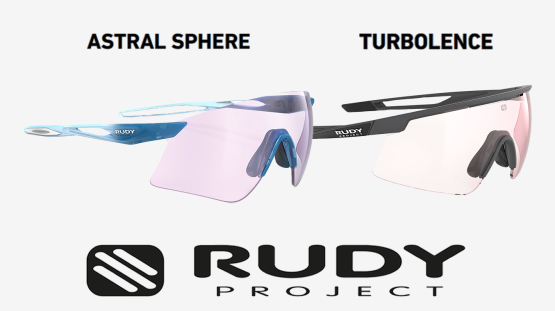 Rudy Project Glasswears angled to the right some. Astral Sphere eyewear on the left and Turbolence eyewear on the right with the Rudy Project logo on the bottom.